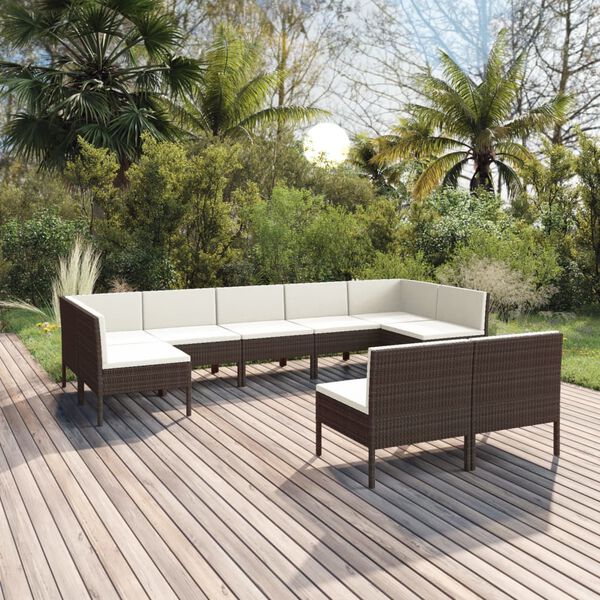 vidaXL Salon de jardin 9 pcs avec coussins r&eacute;sine tress&eacute;e marron