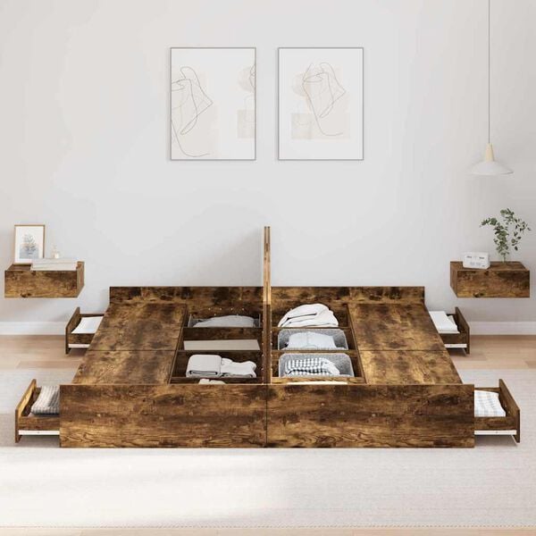 vidaXL Cadre de lit avec rangement avec tiroir Ch&ecirc;ne fum&eacute; 200 x 200 cm