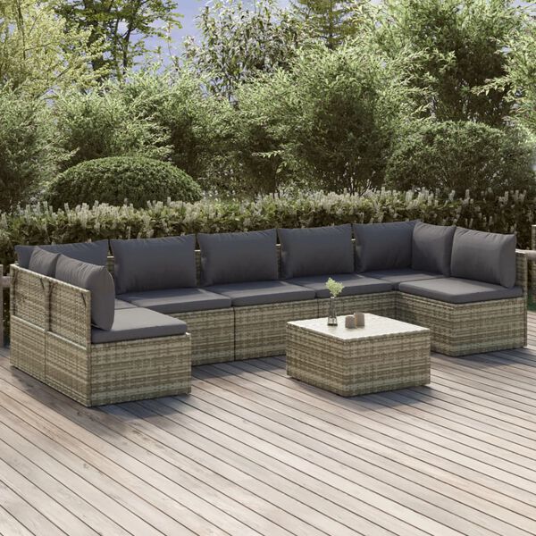 vidaXL Salon de jardin 8 pcs avec coussins Gris R&eacute;sine tress&eacute;e