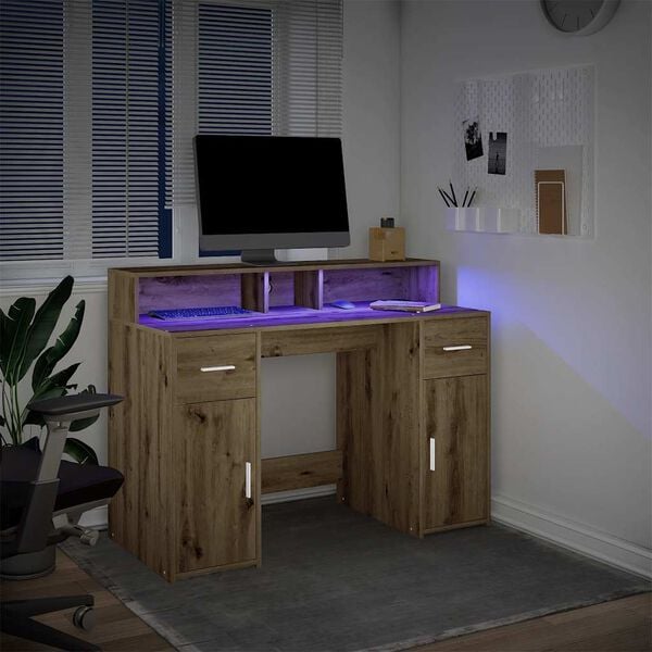vidaXL Bureau avec lumières LED chêne artisanal bois d'ingénierie