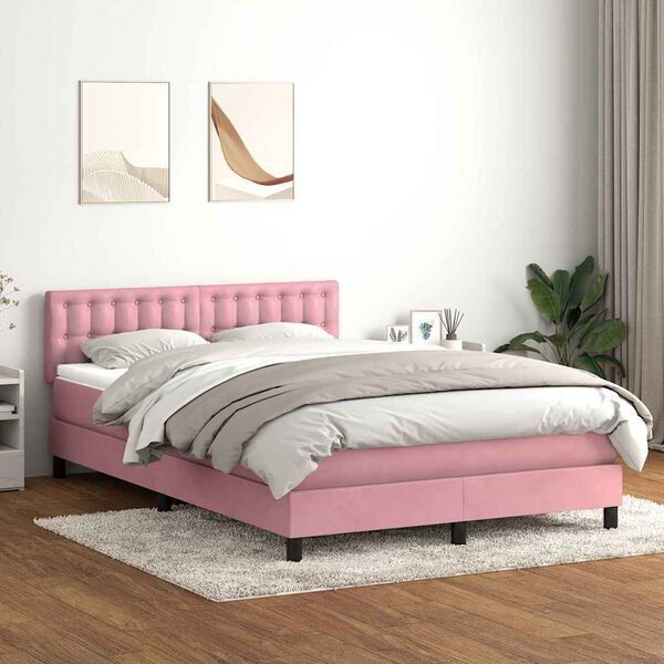 vidaXL Sommier &agrave; lattes de lit avec matelas rose 140x210 cm velours