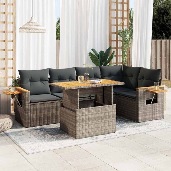 vidaXL Salon de jardin avec coussins 6 pcs gris r&eacute;sine tress&eacute;e acacia