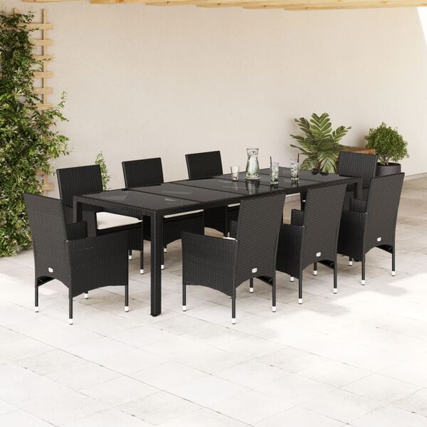 vidaXL Ensemble &agrave; manger de jardin et coussins 9 pcs noir rotin verre