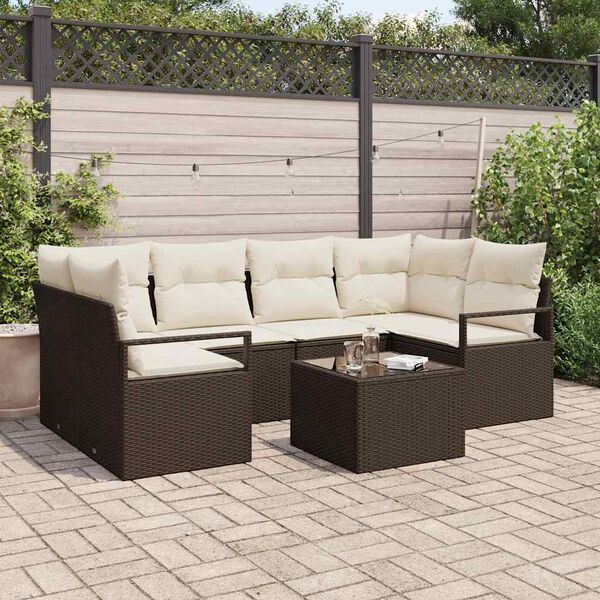 vidaXL Ensemble de canap&eacute; de jardin avec coussin 7 pcs Marron et Cr&egrave;me