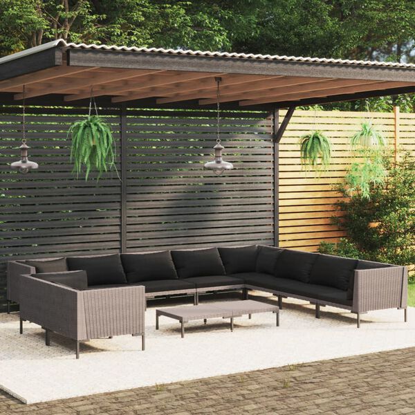 vidaXL Salon de jardin 11 pcs avec coussins R&eacute;sine tress&eacute;e Gris fonc&eacute;
