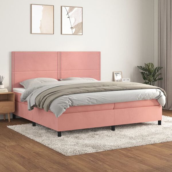 vidaXL Sommier &agrave; lattes de lit avec matelas Rose 200x200 cm Velours