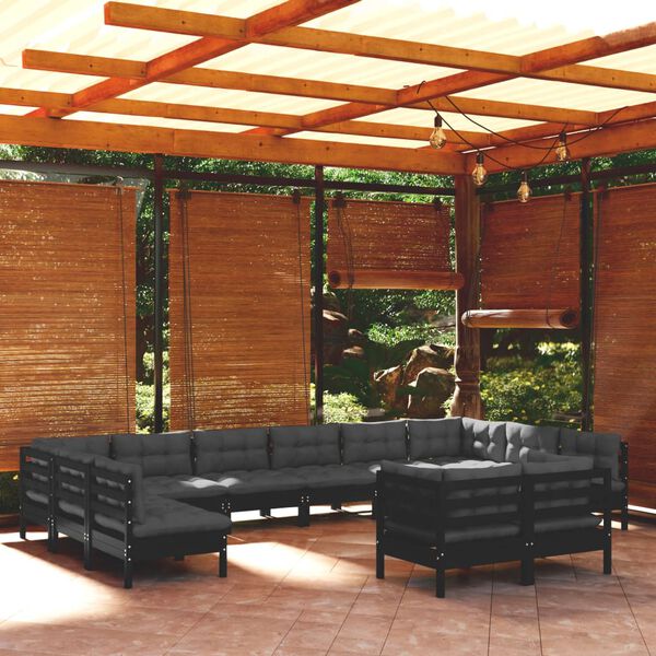 vidaXL Salon de jardin 12 pcs avec coussins Noir Bois de pin solide