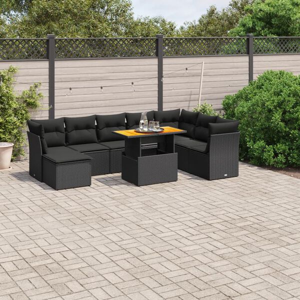 vidaXL Salon de jardin 9 pcs avec coussins noir r&eacute;sine tress&eacute;e