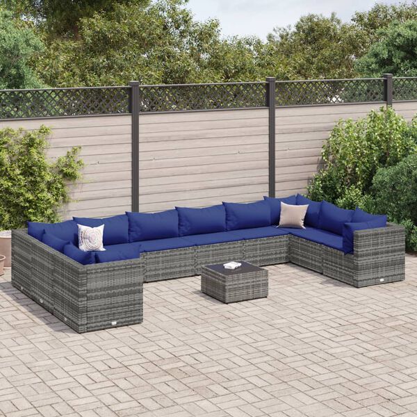 vidaXL Salon de jardin 11 pcs avec coussins Gris R&eacute;sine tress&eacute;e