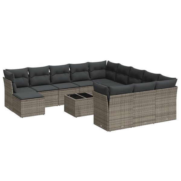 vidaXL Salon de jardin avec coussins 13 pcs gris résine tressée