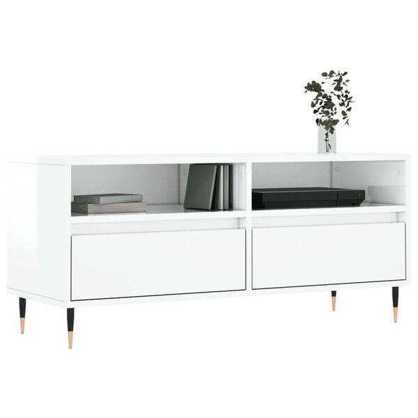 vidaXL Meuble TV blanc brillant 100x34,5x44,5 cm bois d'ing&eacute;nierie