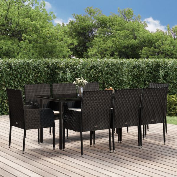 vidaXL Ensemble &agrave; manger jardin 9pcs et coussins noir r&eacute;sine tress&eacute;e