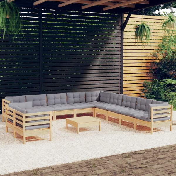vidaXL Salon de jardin 12 pcs avec coussins gris Bois de pin massif