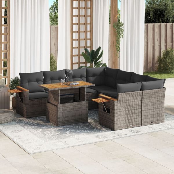 vidaXL Salon de jardin 9 pcs avec coussins gris r&eacute;sine tress&eacute;e