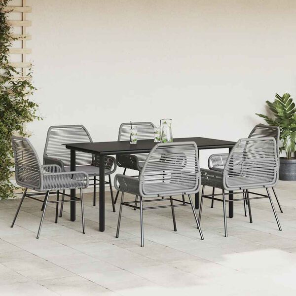vidaXL Ensemble &agrave; manger jardin coussins 7 pcs gris poly rotin verre