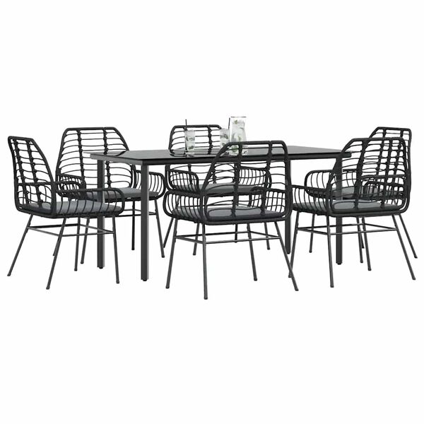 vidaXL Ensemble &agrave; manger de jardin coussins 7pcs noir poly rotin verre