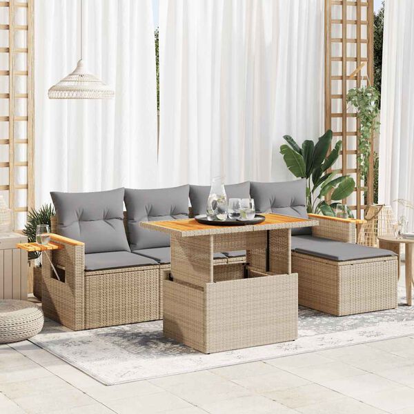 vidaXL Salon de jardin 6 pcs avec coussins beige r&eacute;sine tress&eacute;e acacia