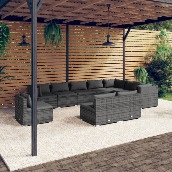 vidaXL Salon de jardin 10 pcs avec coussins R&eacute;sine tress&eacute;e Gris