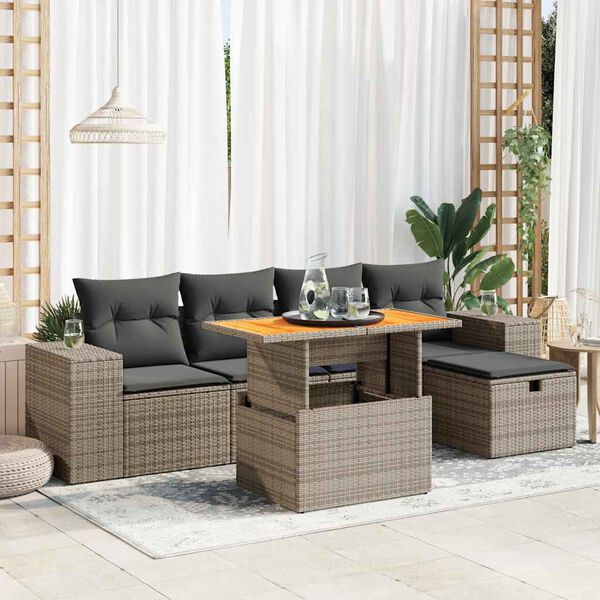 vidaXL Salon de jardin avec coussins 6 pcs gris r&eacute;sine tress&eacute;e acacia