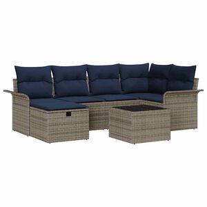 vidaXL Ensemble de canap&eacute; de jardin 7 pc Gris et marine polyrotin