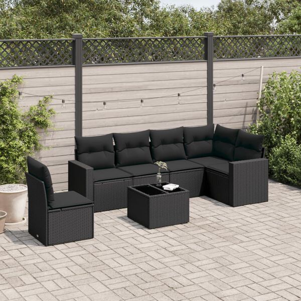 vidaXL Salon de jardin 7 pcs avec coussins noir r&eacute;sine tress&eacute;e