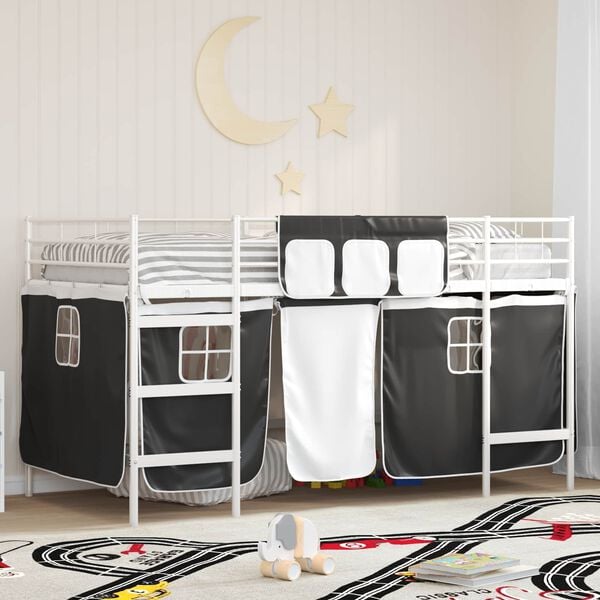 vidaXL Cadre de Lit Mezzanine pour Enfants avec Rideaux Blanc et Noir
