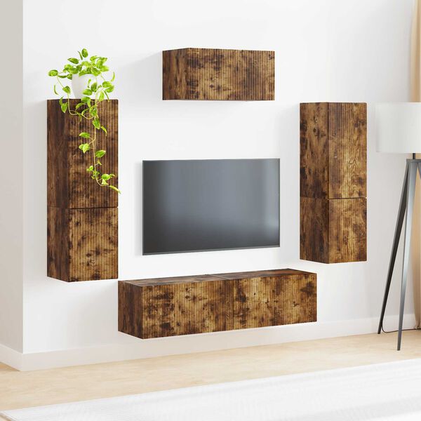 vidaXL Ensemble meuble TV 4 pcs Ch&ecirc;ne fum&eacute; Bois d'ing&eacute;nierie