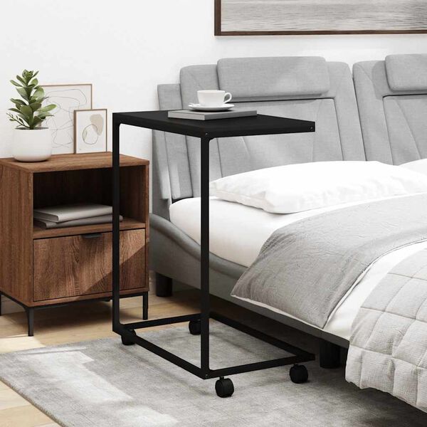 vidaXL Table d'appoint avec roues noir 55x35x70 cm bois d'ing&eacute;nierie