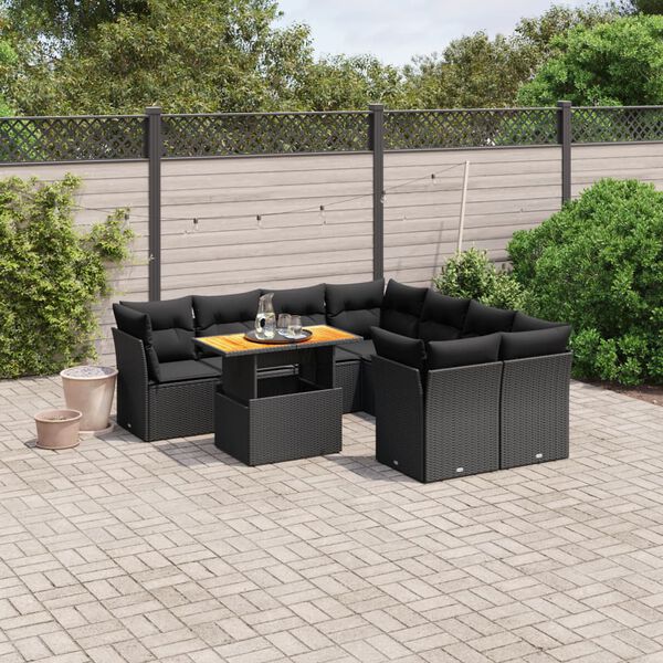 vidaXL Salon de jardin 9 pcs avec coussins noir r&eacute;sine tress&eacute;e