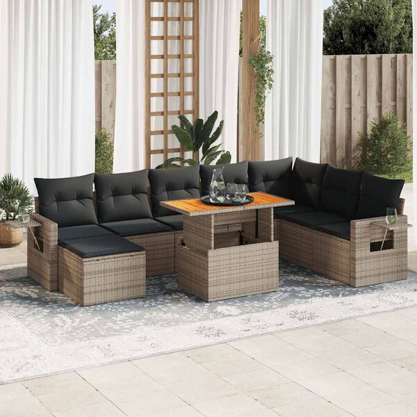 vidaXL Salon de jardin 9 pcs avec coussins gris r&eacute;sine tress&eacute;e