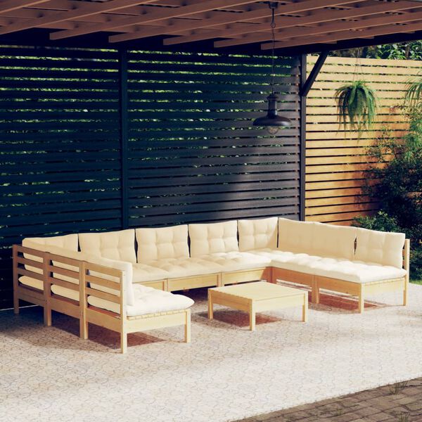 vidaXL Salon de jardin 10 pcs avec coussins cr&egrave;me bois de pin massif