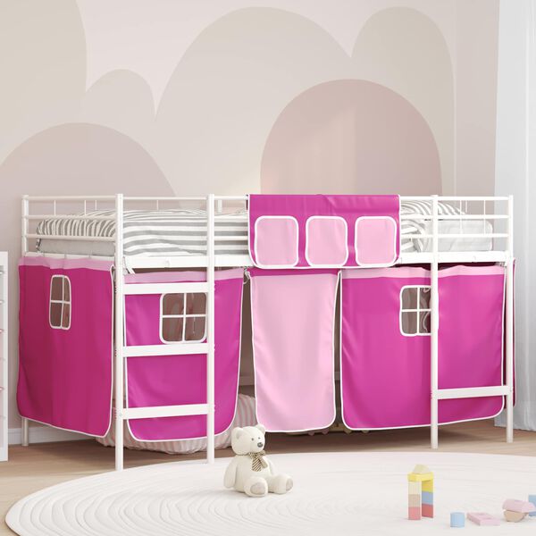 vidaXL Cadre de Lit Mezzanine pour Enfants avec Rideaux Blanc et rose