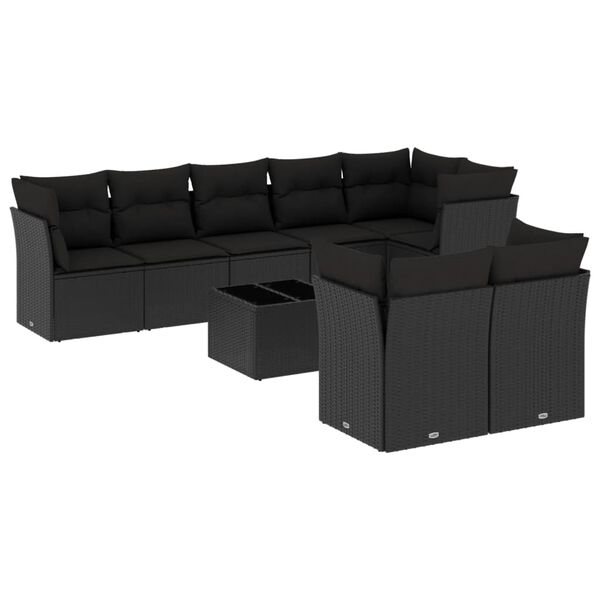 vidaXL Salon de jardin 9 pcs avec coussins noir r&eacute;sine tress&eacute;e
