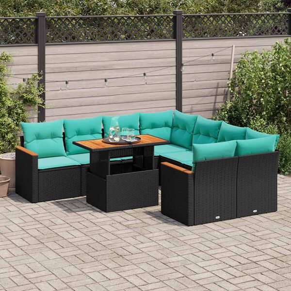 vidaXL Salon de jardin 9 pcs avec coussins noir r&eacute;sine tress&eacute;e