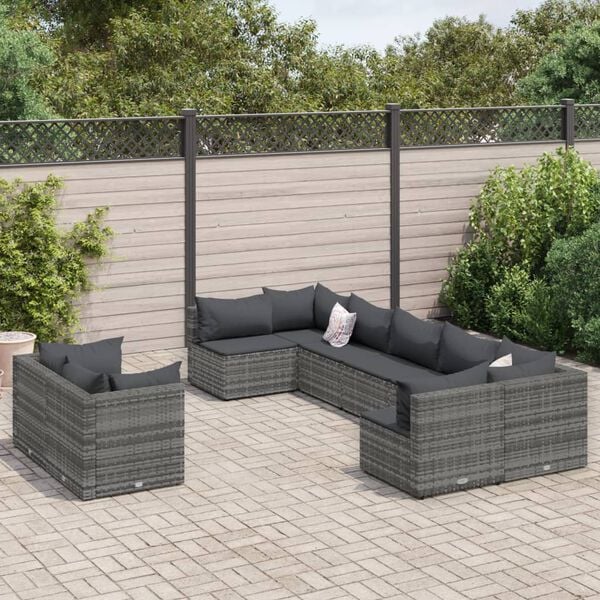 vidaXL Salon de jardin 9 pcs avec coussins gris r&eacute;sine tress&eacute;e