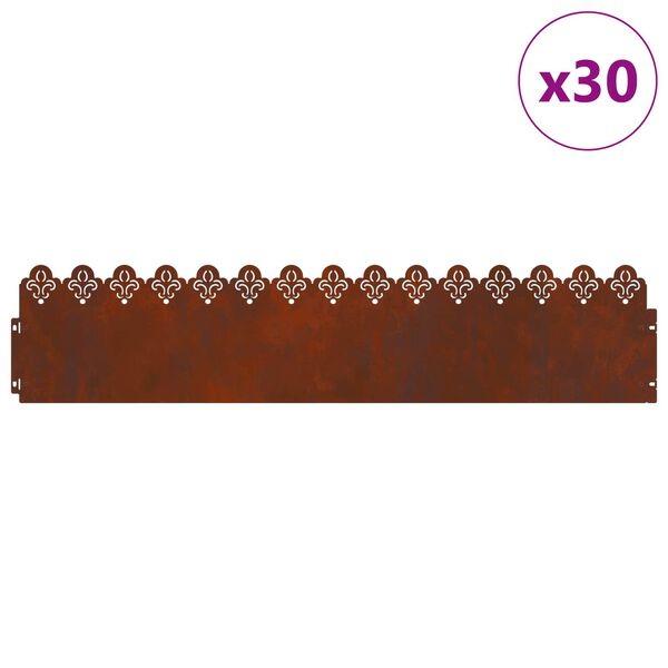 vidaXL Bordures de pelouse 30 pcs Rouill&eacute; 103 x 0,05 x 22 cm