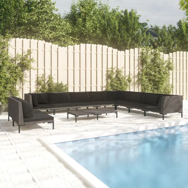 vidaXL Salon de jardin 11 pcs avec coussins R&eacute;sine tress&eacute;e Gris fonc&eacute;