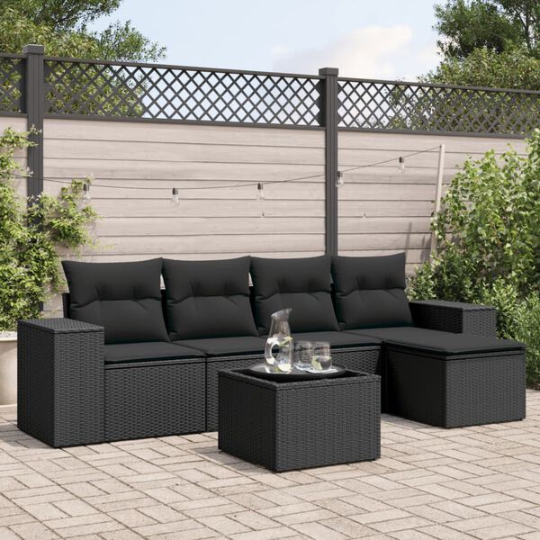 vidaXL Salon de jardin 6 pcs avec coussins noir r&eacute;sine tress&eacute;e
