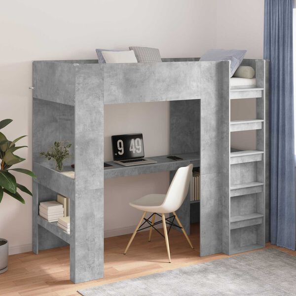 vidaXL Cadre de lit superpos&eacute; avec bureau Gris b&eacute;ton 90 x 190 cm