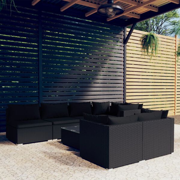 vidaXL Salon de jardin 8 pcs avec coussins noir r&eacute;sine tress&eacute;e