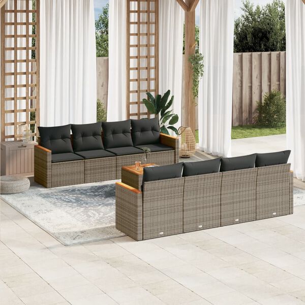 vidaXL Salon de jardin 9 pcs avec coussins gris résine tressée