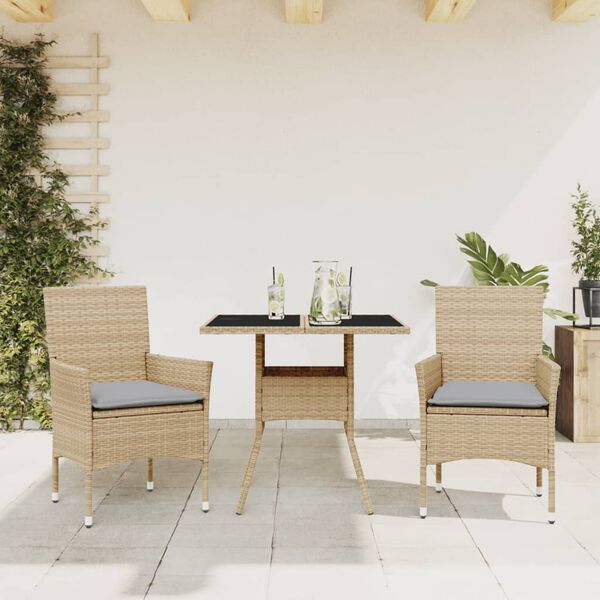 vidaXL Ensemble à manger de jardin et coussins 3 pcs beige rotin verre