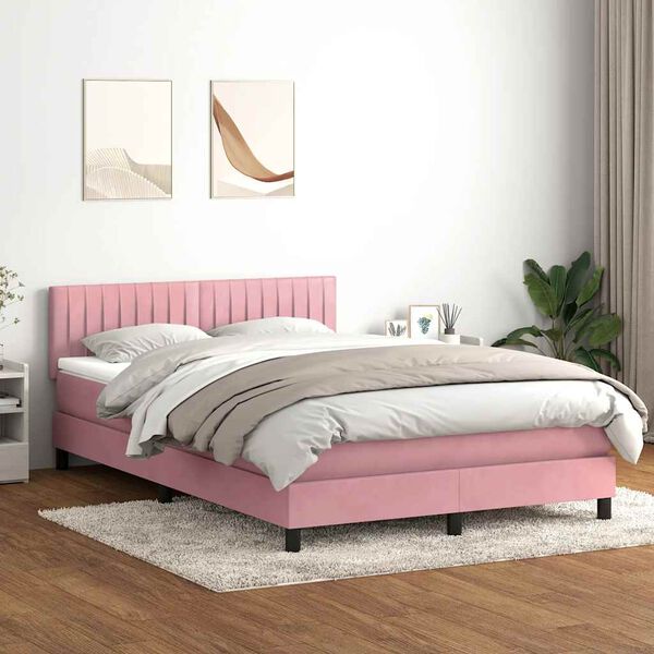 vidaXL Sommier &agrave; lattes de lit avec matelas et LED rose 140x210 cm velours