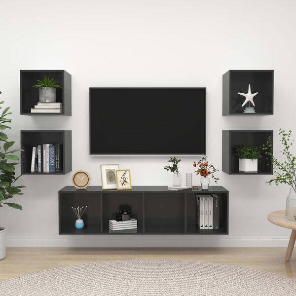 vidaXL Ensemble de meubles TV 5 pcs Gris brillant Bois d'ing&eacute;nierie