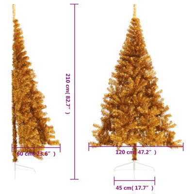 vidaXL Demi sapin de Noël artificiel avec support doré 210 cm PET