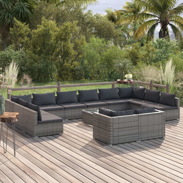 vidaXL Salon de jardin 13 pcs avec coussins Gris R&eacute;sine tress&eacute;e