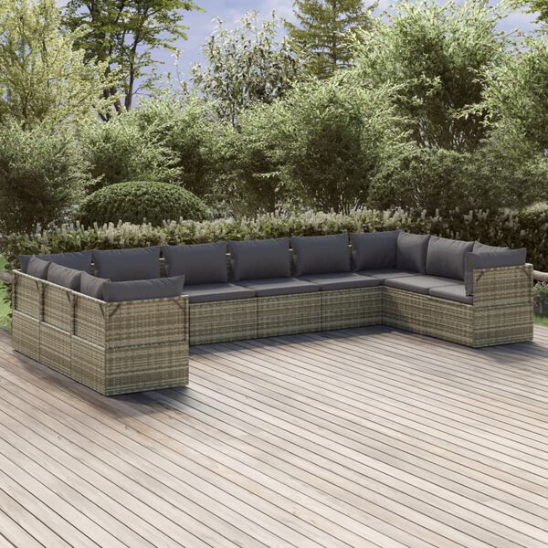 vidaXL Salon de jardin 10 pcs avec coussins Gris R&eacute;sine tress&eacute;e