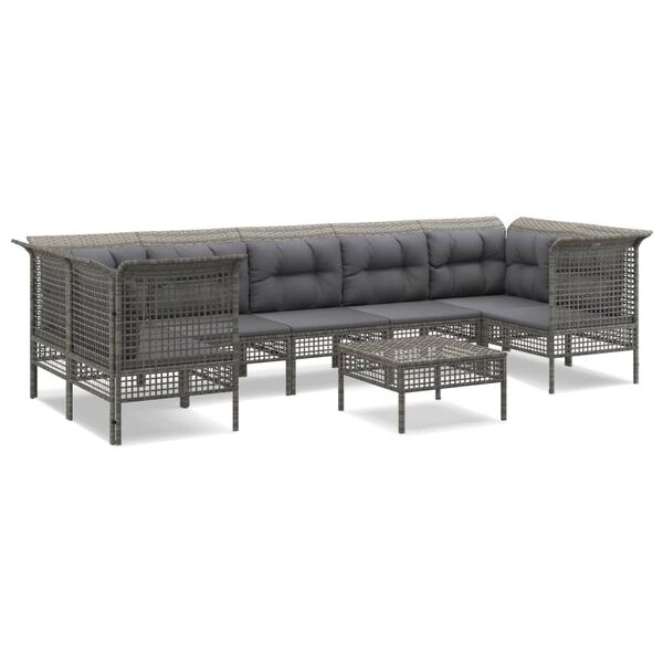 vidaXL Salon de jardin 8 pcs avec coussins Gris R&eacute;sine tress&eacute;e