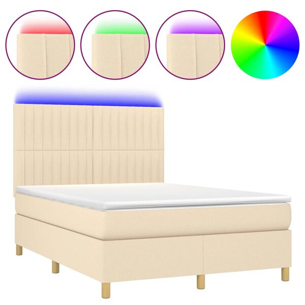 vidaXL Sommier &agrave; lattes de lit et matelas et LED Cr&egrave;me 140x190cm Tissu