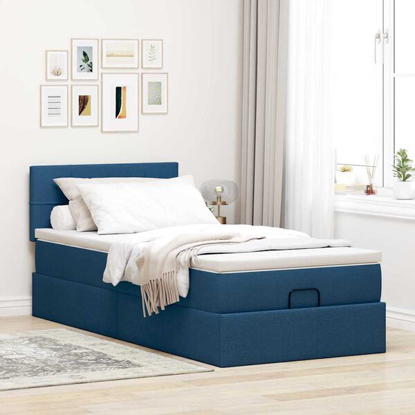 vidaXL Lit ottoman avec matelas et LED Bleu 90x200 cm Tissu